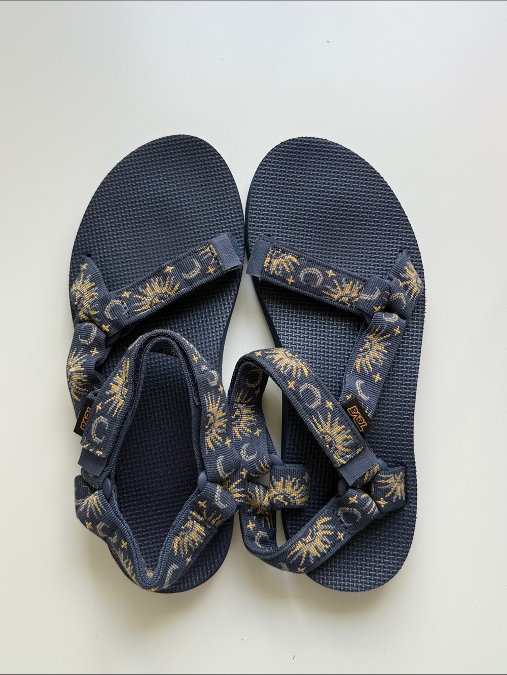 Teva Navy Sandals with Gold Sun & Moon Pattern